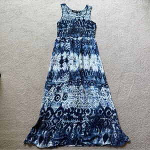 Elementz Blue Designed Tank Maxi Dress Boho Smocked Sleeveless Women's S Petite